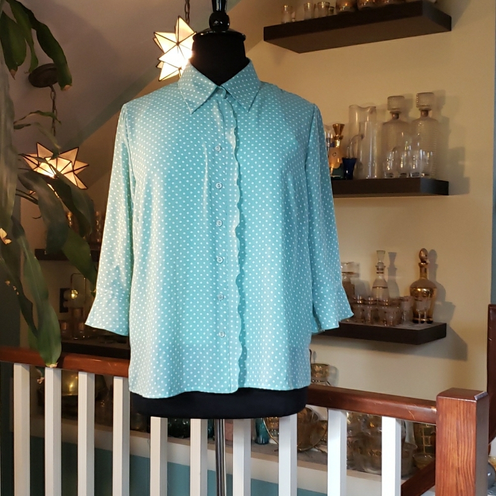 Emma James Womens Turquoise Dotted Ruffle Front Blouse